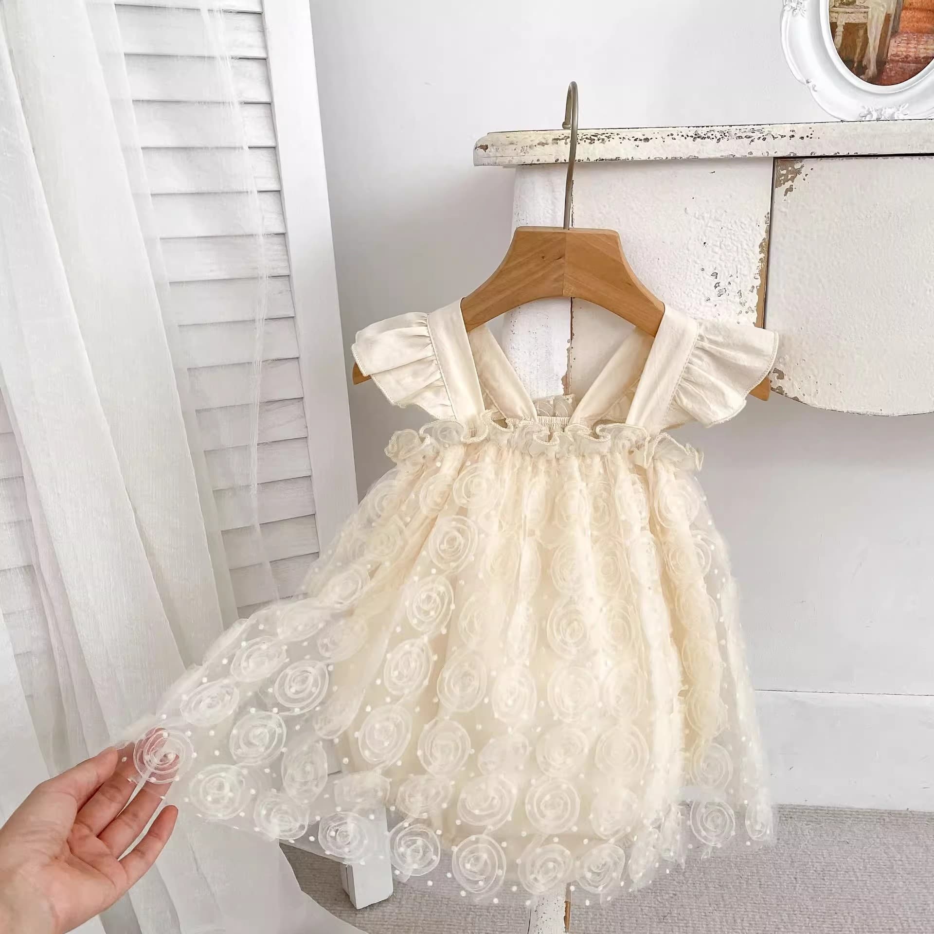 Ins Dot Rose Flower Baby One-Year-Old Dress for Photography Princess Dress with Flutter Sleeve Strapless Halter Dress