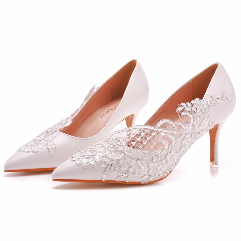 7cm Pointed Toe Pumps, Medium to High Heel, Pointed Toe Shoes, Export Large Size Women's Shoes, Lace Wedding Shoes, Bridesmaid Shoes