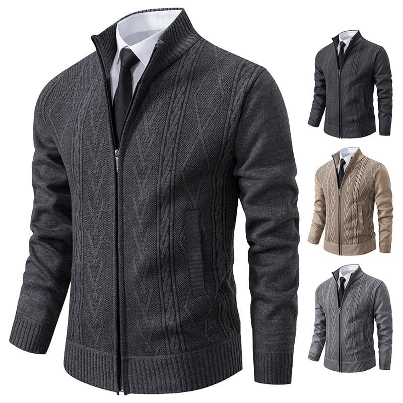 Export exclusive men's stand-up collar sweater cardigan, winter new style fleece-lined thickened outer wear knitted shirt jacket, wholesale men's.