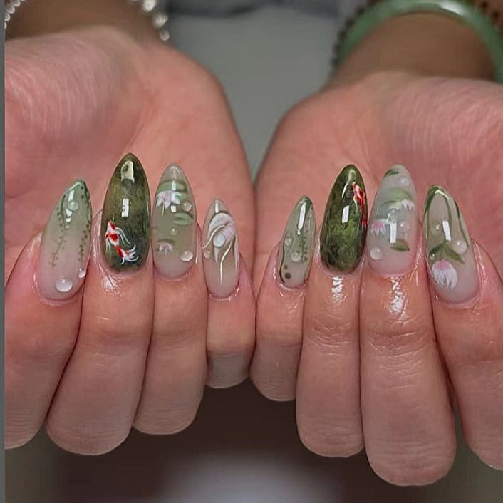Cross-border Press-on Nails Lotus Goldfish Gentle Green Ancient Style Multi-element Wearable Nails Finished Product
