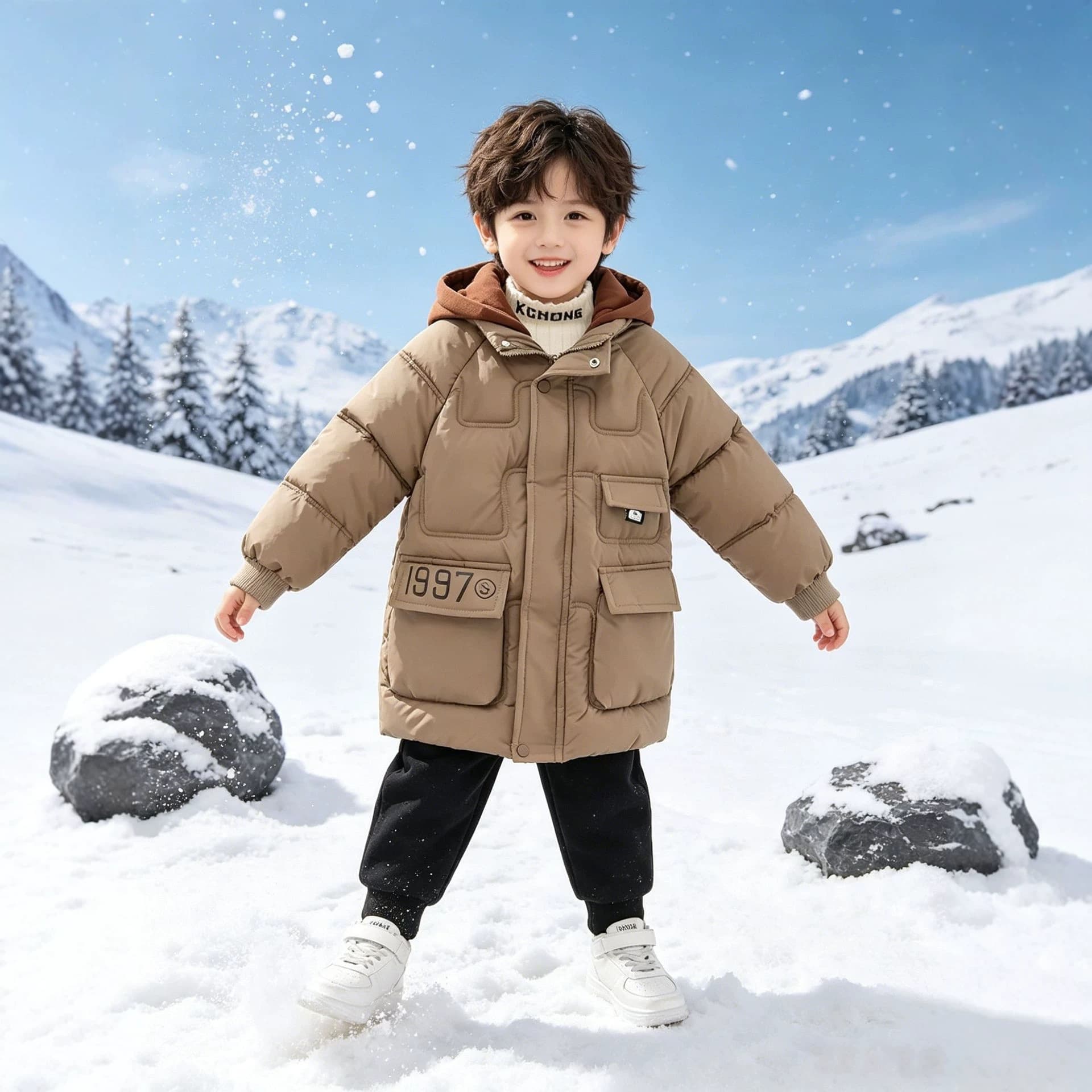 Boys' Cotton Coat Thickened Winter New Children's Hooded Letter Fleece-Lined Mid-Length Hand-Stuffed Cotton Coat