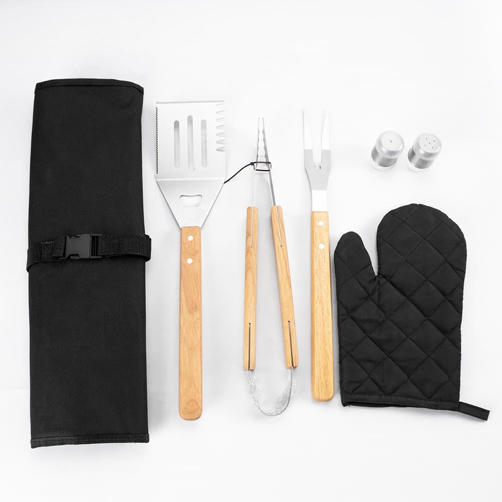 Outdoor BBQ Tools Stainless Steel Three-Piece Set, Oak Handle Grill Fork Spatula Tongs, BBQ Utensils for Cross-border Supply