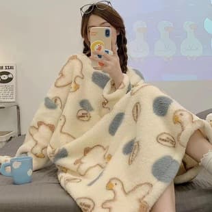 Autumn Winter Coral Fleece Long Sleeve Nightgown for Women, New Cute Student Thick Flannel Homewear Sleepwear Dress