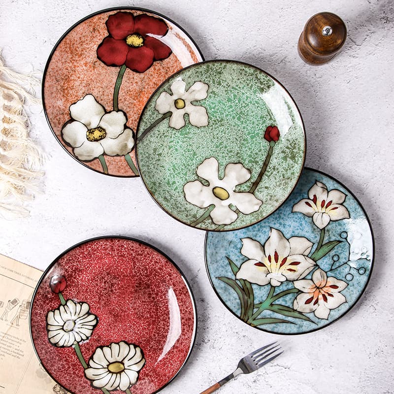 European Style Hand-Painted Ceramic Plate Set Underglaze Color Glaze Steak Plate Creative Western Dining Plate Square Flat Plate