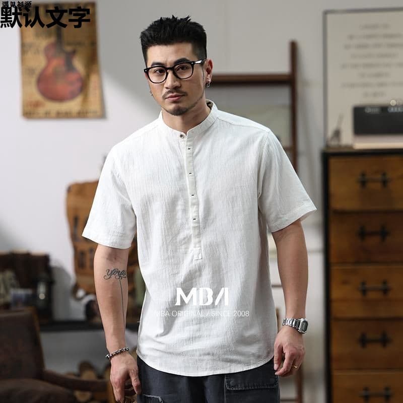 ins trendy brand linen shirt men's summer new casual loose national style cotton and linen short-sleeved retro trendy shirt