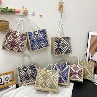 Ethnic Style Canvas Tote Bag for Women, Summer New Fashionable Linen Lunch Box Bag, Handbag Mom Bag