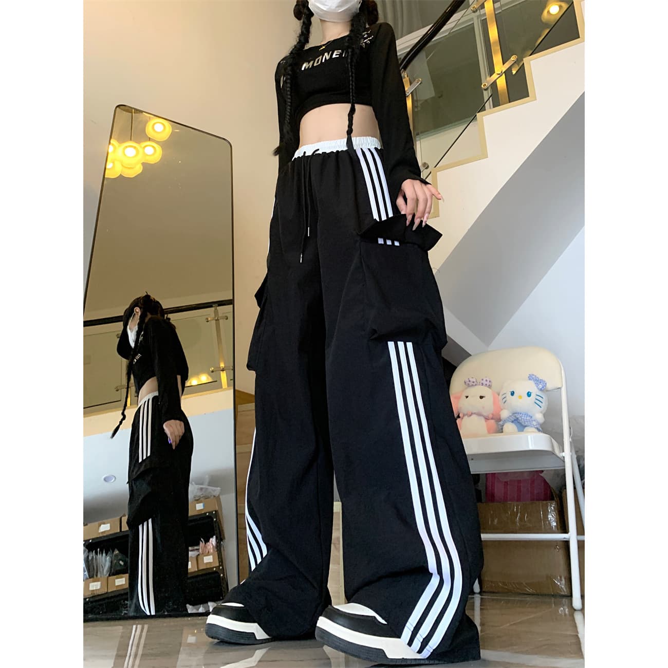 Cross-Border 3D Waistband American-Style Hot Girl Cargo Pants Women Summer Loose Casual Sports Pants Straight Wide-Leg Pants Black
