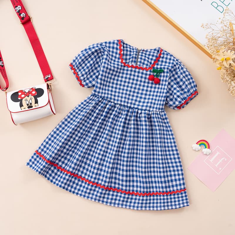 Girls' Summer Dress New Children's Mid-Length Princess Dress Baby Cute and Fresh Short Sleeve Summer Plaid Dress