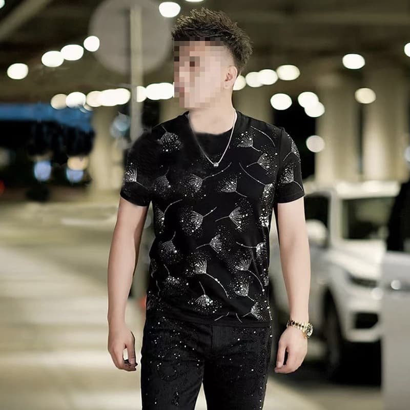 TikTok same style trendy fashionable men's summer short-sleeve high-quality diamond embellishment handsome youth popular casual shirt.