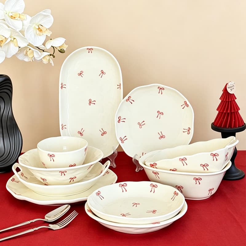 French retro bow ceramic tableware for home use ins style dish set girly breakfast plate dessert bowl