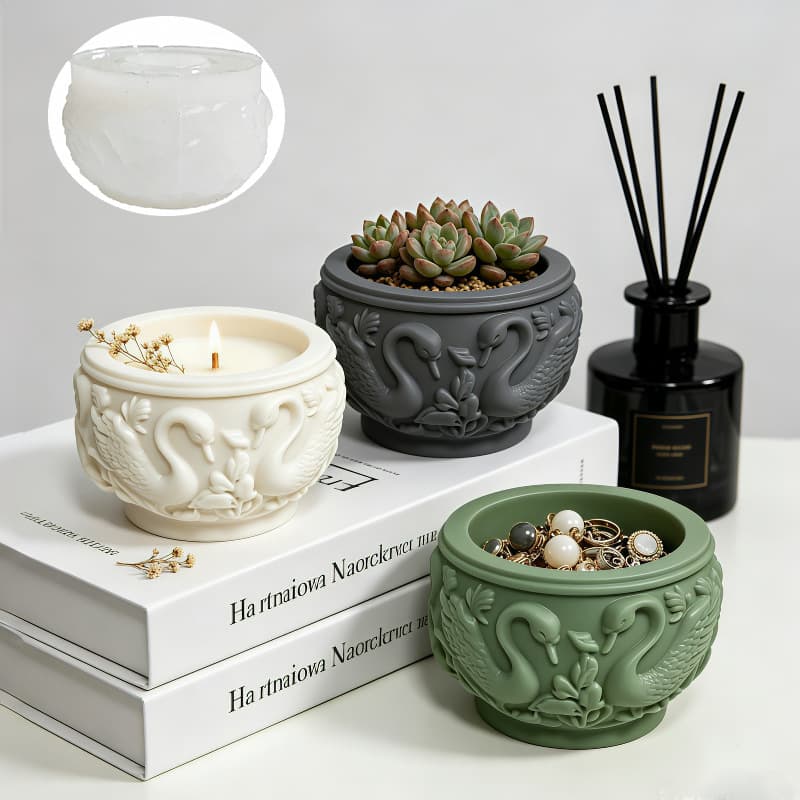 Relief Swan Aromatherapy Candle Cup Mold DIY Epoxy Resin Storage Cup Cement Flower Pot Ornament Silicone Mold
