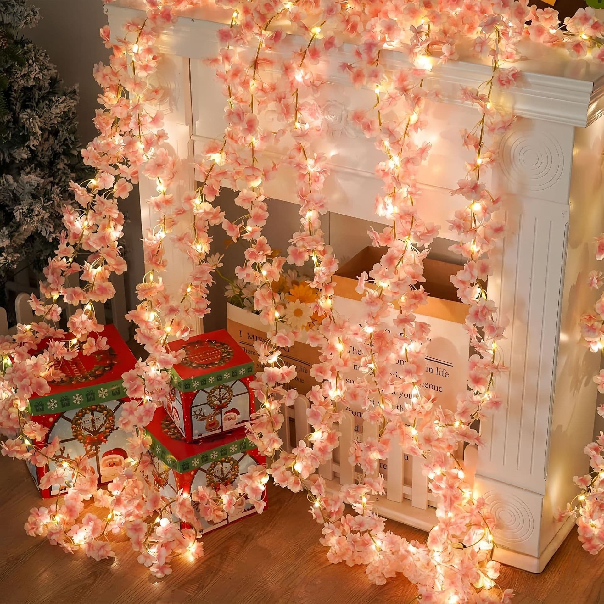 Cherry Blossom String Lights Copper Wire Lights Christmas Wreath Vine Hanging Decoration Home Fairy Lights LED Copper Wire Lights