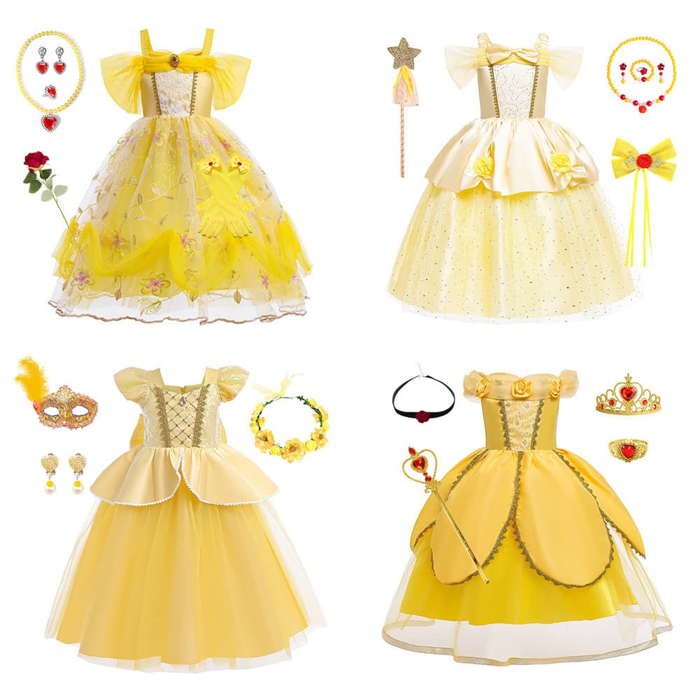 Belle Princess Series Halloween Children's Fluffy Princess Dress Beauty and the Beast Girl Belle Costume