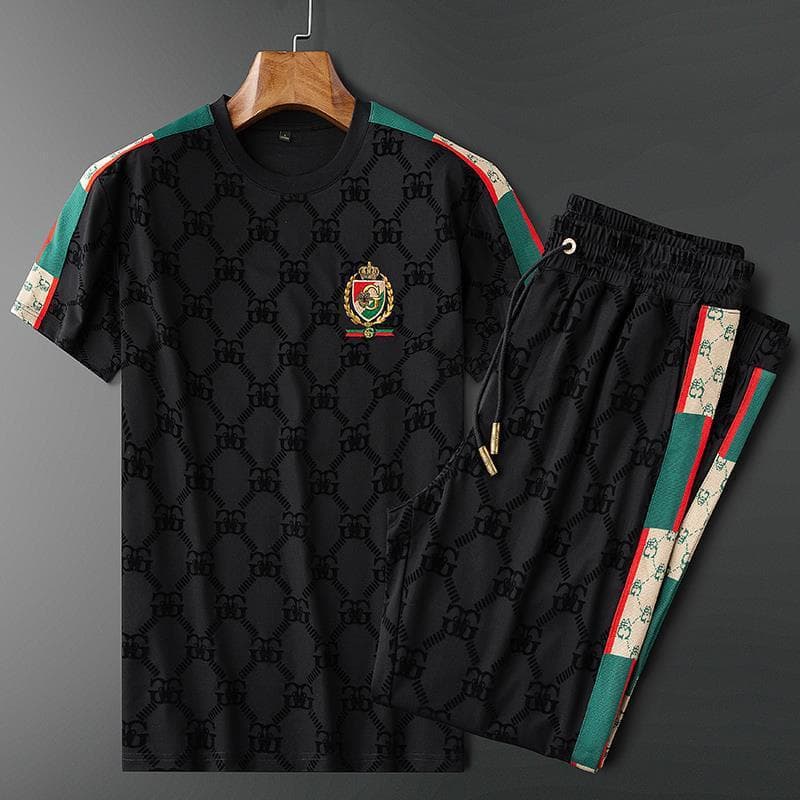 European Site Summer Stretch Jacquard Men's Casual Sports Suit Slim Fit Small Bee Embroidery Black Two-Piece Set Men