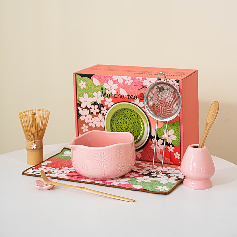 Japanese Style Matcha Set 7pcs Sakura Themed Matcha Bowl with Spout Gift Box Tea Utensils Whisking Tea Ceramic Home Goods