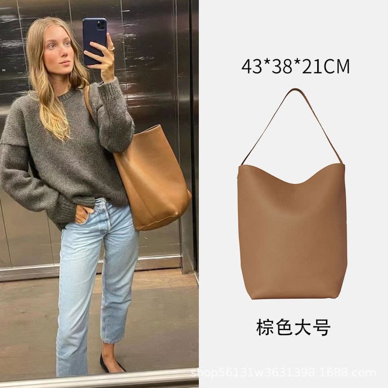 Therow Lychee Grain Genuine Leather Bucket Bag, Bucket-Shaped Cowhide Large Capacity Minimalist Shoulder Bag, Premium Handbag