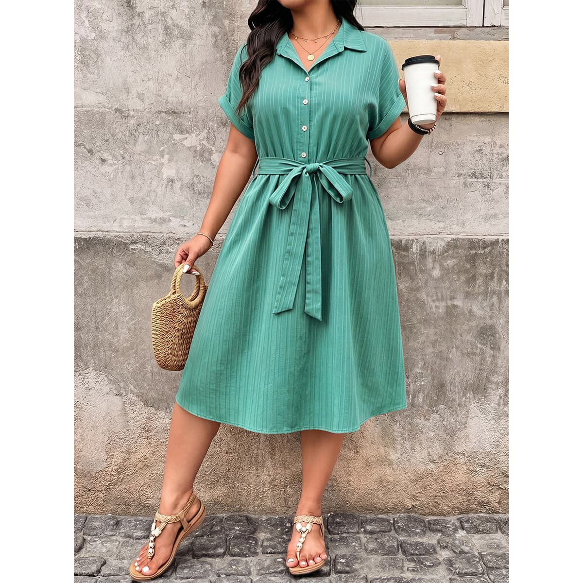 Cross-Border Foreign Trade Plus-Size Women's Dress, Elegant Collared Shirt Dress with Tie Waist, Slimming Mid-Length Dress