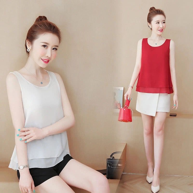 2024 Summer Double-Layer Chiffon Camisole Women's Loose Chiffon Top Sleeveless Undershirt Short Outerwear