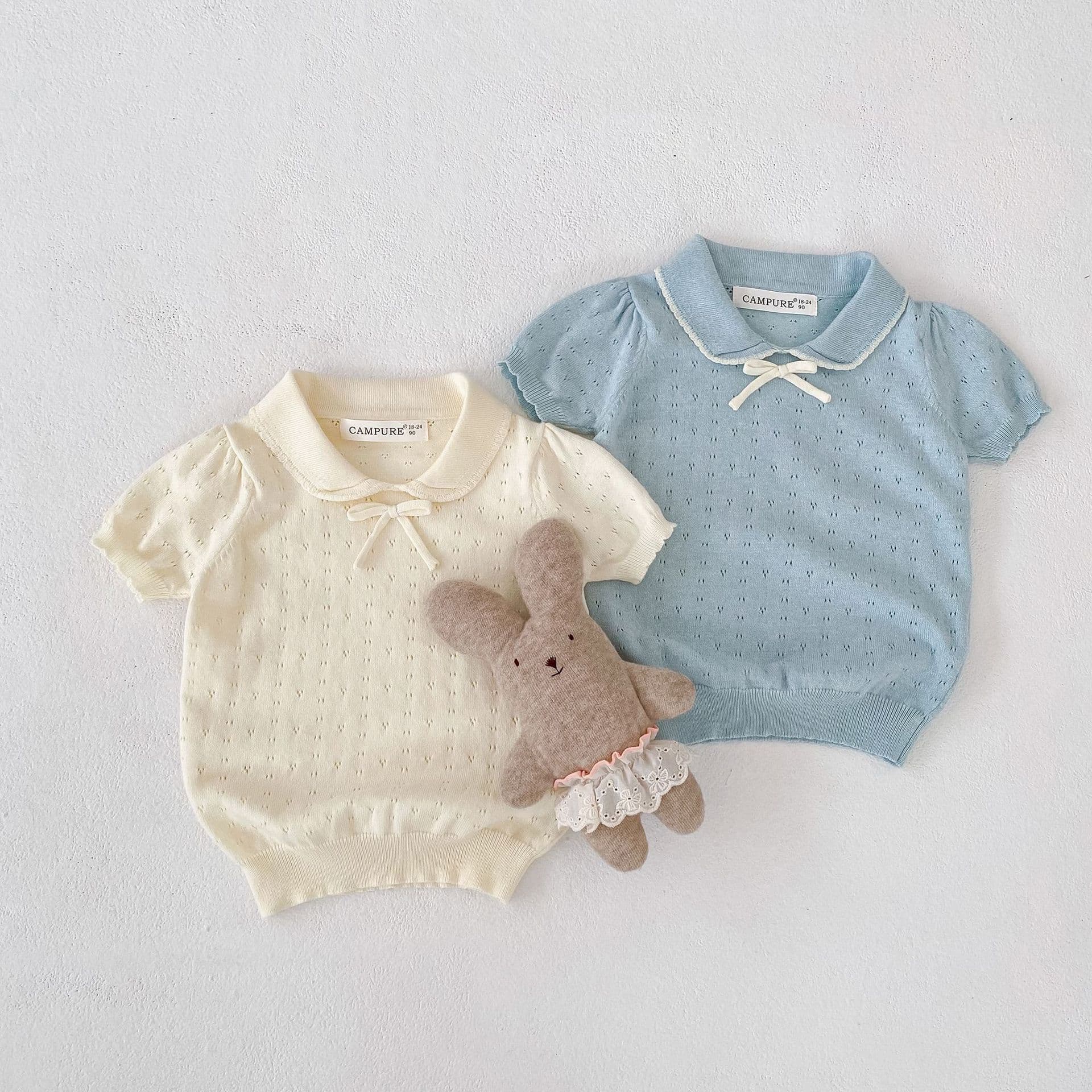 Korean Style Girls' Turn-Down Collar Short Sleeve Knit Top, Cute Bow Short Sleeve T-Shirt, Ins Baby Girl Short Sleeve Top