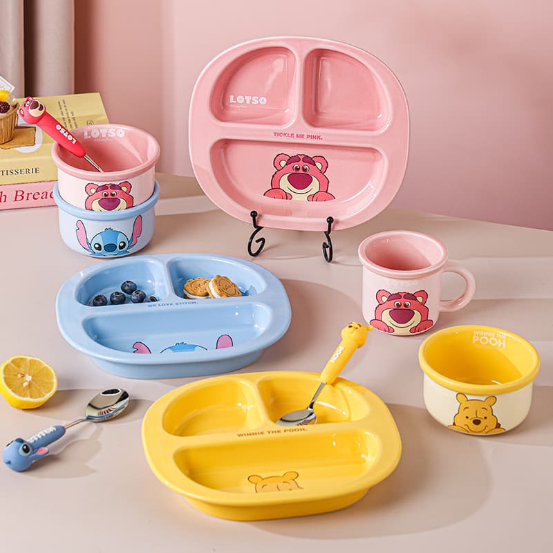 Disney Divided Plate Set for Home Use, Cute Salad Afternoon Tea Weight Loss Plate, Three-Compartment Plate, Holiday Gift