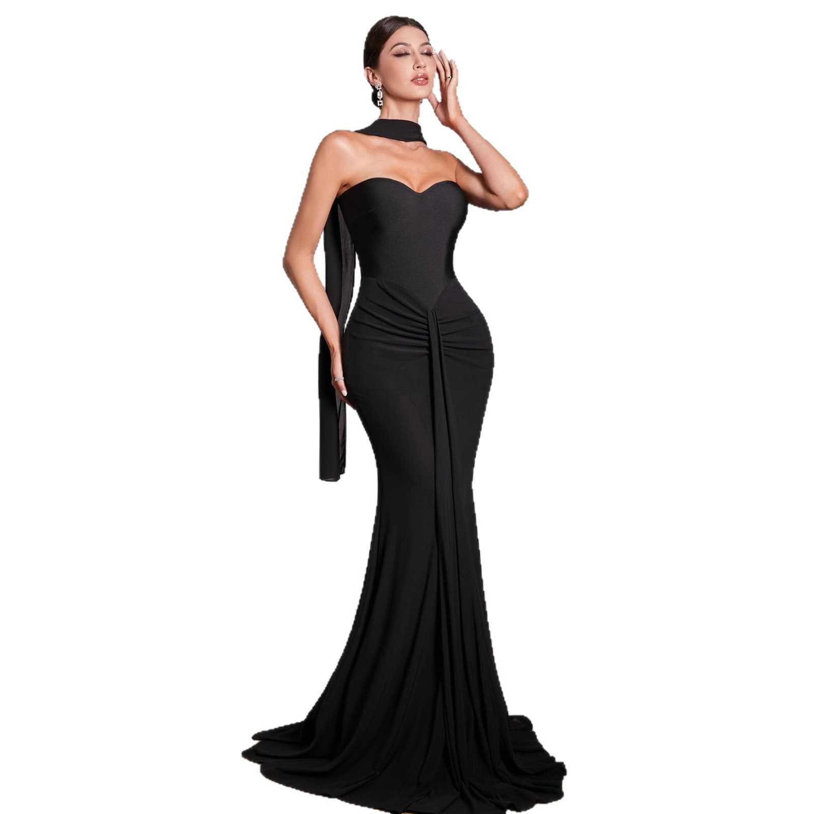 European Elegant Strapless Waist Bandage Dress Floor Length Mesh Sash Mermaid Gown