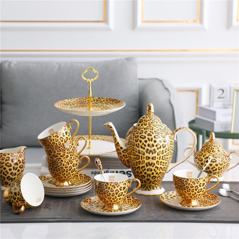 European and American Sexy Leopard Print Bone China Coffee Set Large Capacity Coffee Pot Sugar Bowl Milk Pot Cup Saucer Spoon Ceramic Tea Set