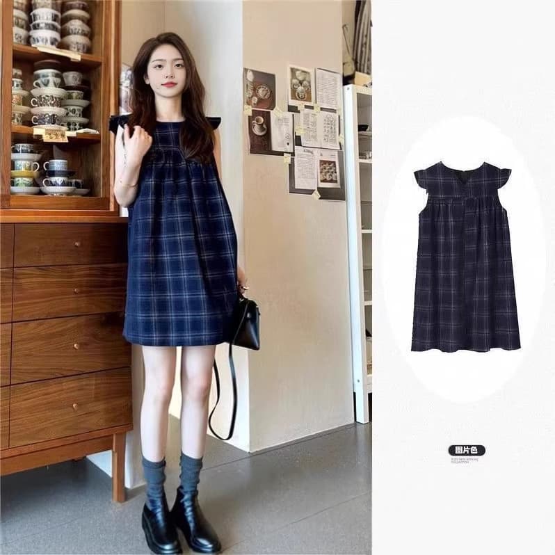 Blue plaid flying sleeve suspender dress for women summer sweet short babydoll dress for little people sleeveless vest