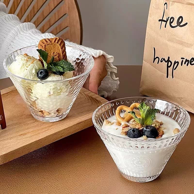 INS Embossed Glass Ice Cream Bowl, Cold Drink Dessert Bowl, Yogurt Fruit Bowl, Salad Pudding Small Bowl