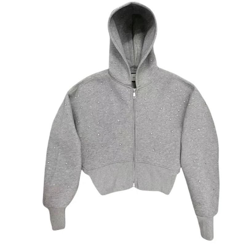 2025 Fall/Winter Hooded Sports Sweatshirt Women's Fitted Crop Top Fitness Wear Rhinestone Jacket Aesthetic
