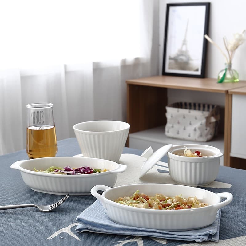 Striped Stewing Pot, Household Ceramic, European Style Hotel Salad Baking Rice Bowl, Double Ear Baking Dish, Baking Cheese Snack Plate