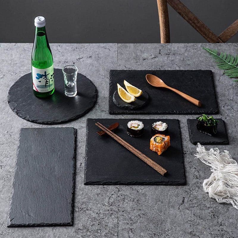 European Ins Black Natural Slate Dinner Plate - Stone Steak Plate, Japanese BBQ Rock Plate, Sushi Platter