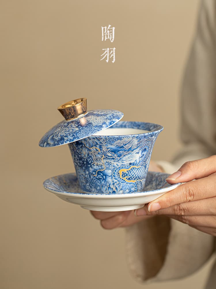 Cloisonné silver three-piece rotating and hovering covered bowl, large single ceramic tea set with lid, enamel tea brewing L^