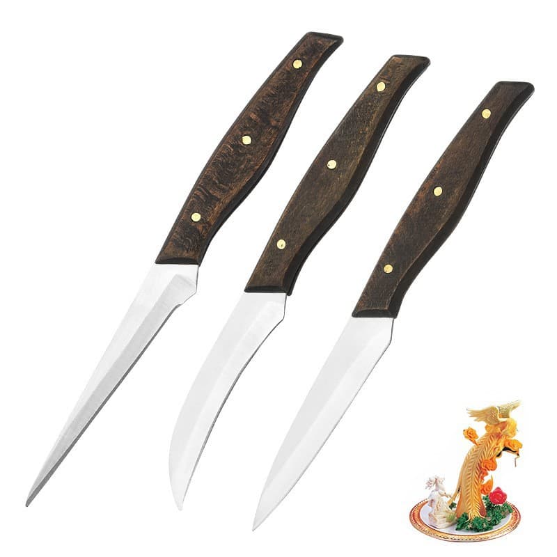Three-piece food carving knife set in stock: stainless steel boning knife, fruit platter carving knife, chef's carving knife.