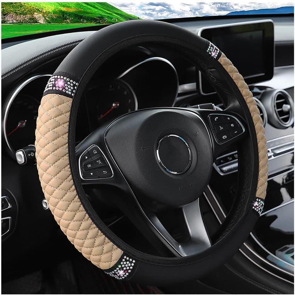 15 Inch Rhinestone Leather Steering Wheel Cover Soft Flexible Crystal Diamond Car Steering Wheel Cover