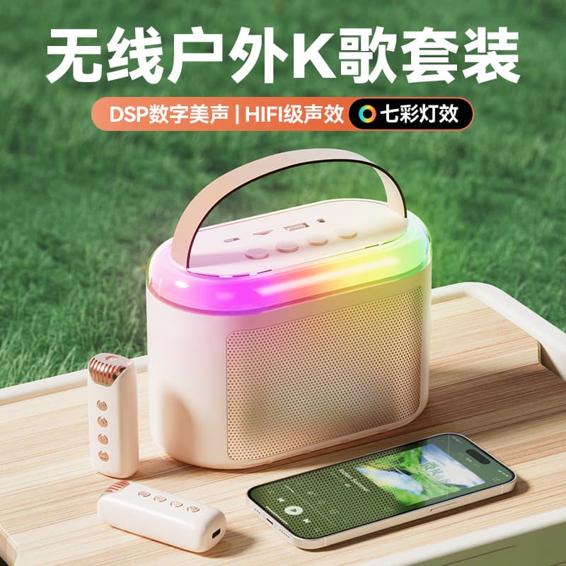 Q6 Outdoor Portable Colorful Atmosphere Light Wireless Microphone Speaker All-in-One Bluetooth Karaoke Mic Audio for Home