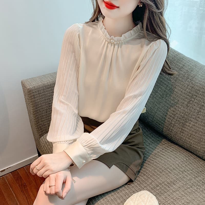 In Stock Real Shot Autumn New Korean Style Versatile Pleated Sleeve Long Sleeve Blouse Women Top Off White Black