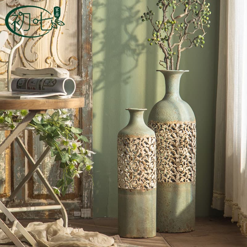 American Vintage Distressed Vase Decoration, Floor Flower Arrangement Vessel for B&B, Flower Shop Decor, Wedding Photography Creative Prop