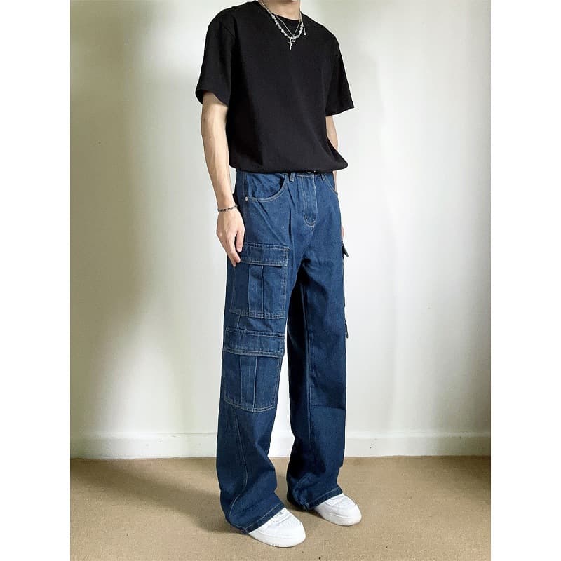 2025 American Retro Multi-Pocket Cargo Jeans for Men Straight Leg Dark Blue Washed Street Loose Fit Long Pants