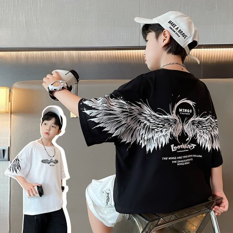 New Summer Short Sleeve T-Shirt for Boys, Kids' Cool Trendy Top with Wings Print, Drop Shipping
