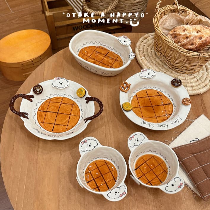 Caramel puppy series bowls, soup bowls, ceramic bowls, rice bowls, household bowls, yogurt bowls, large bowls, beautiful double-eared bowls