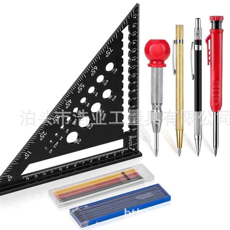 Carpenter's seated triangle ruler marking set, 45-degree aluminum alloy right-angle ruler, center punch alloy marking pen