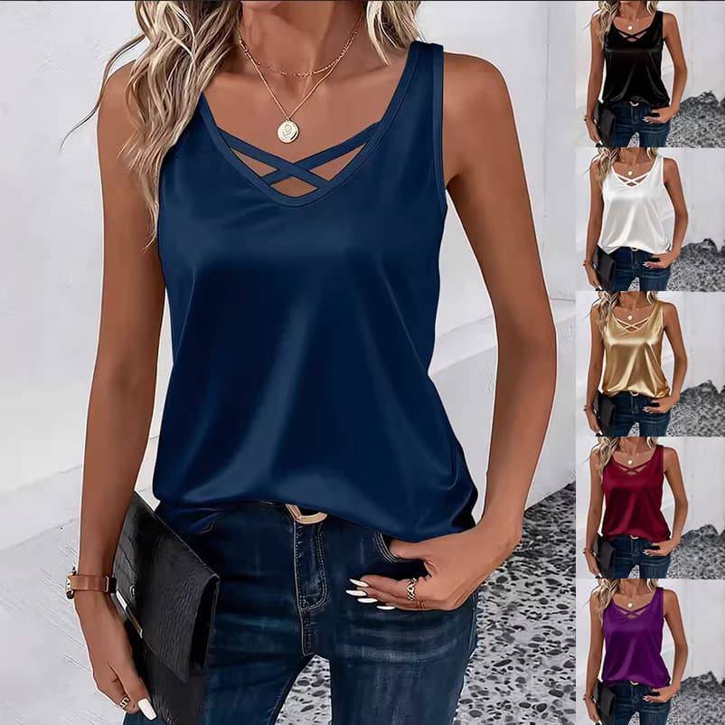 2026 Amazon Cross-Border European and American Women's Clothing Solid Color Satin Imitation Silk Pullover V-Neck Sleeveless Vest Top T-Shirt for Women