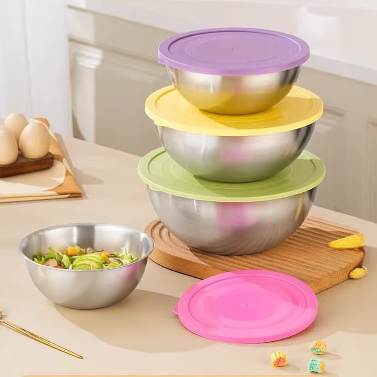 4-Piece New Stainless Steel Mixing Bowl Set with Lid Kitchen Cold Mix Cream Egg Beating Baking Salad Bowl for Home Use