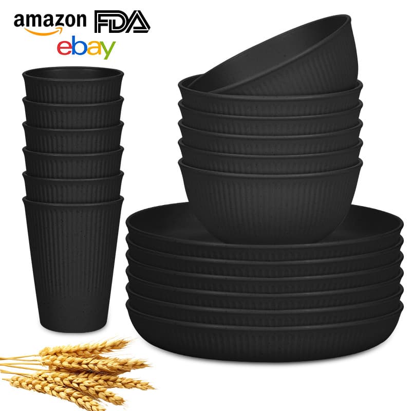 Amazon TEMU Hot Selling Wheat Straw Dinnerware Set with Vertical Grain Plates, Bowls, and Cups 18-Piece Home Gift Set