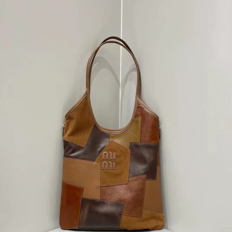 miu bag VIY autumn and winter retro splicing bag patch tote bag commuter shoulder hobo underarm bag splicing design