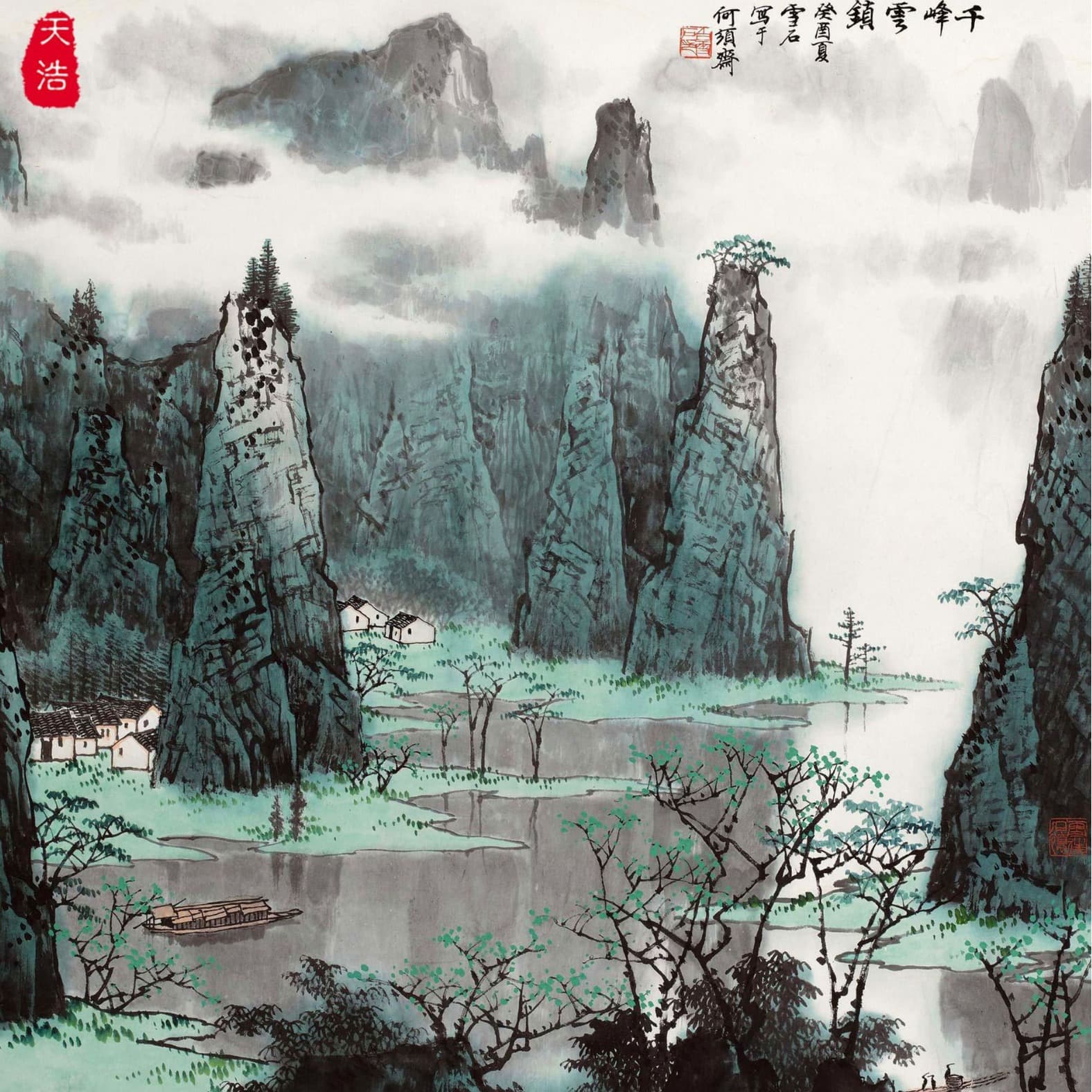 Art giclee printing on rice paper, master calligraphy scanned and printed, new Chinese landscape decorative core, Li River theme.