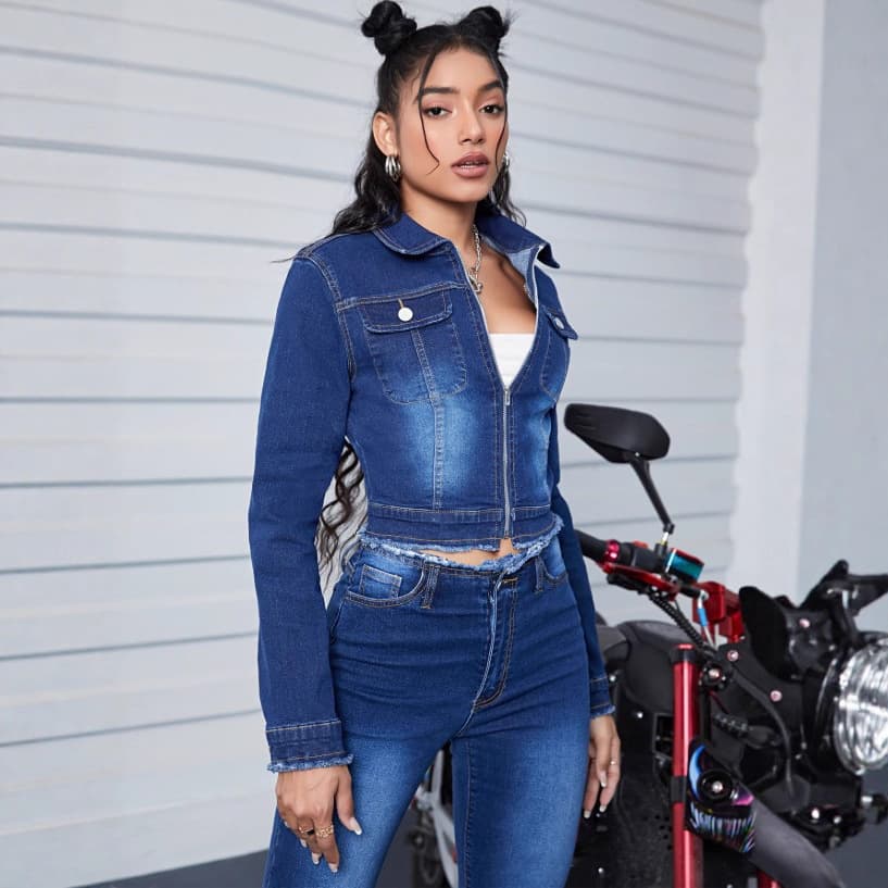 TC70153 Amazon new foreign trade women's European and American fashion short denim jacket slim long-sleeved jacket