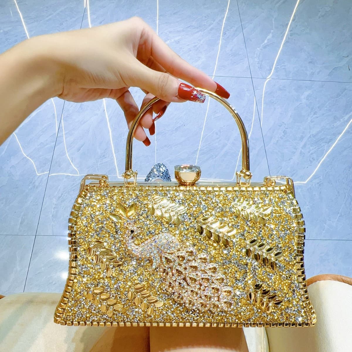 Elegant Wedding Dinner Bag Peacock Flower Sculpture Luxury Diamond Studded Handbag Crossbody Bag for Cheongsam Hard PU Leather