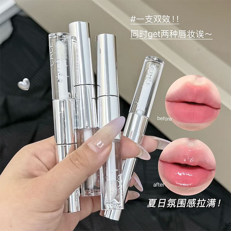 CACE Red Silver Glow Dual-Ended Lip Gloss, Water-Glossy Natural Look, Plump Lips, Long-Lasting, Brightening, Matte Lipstick, Cross-Border Cosmetics
