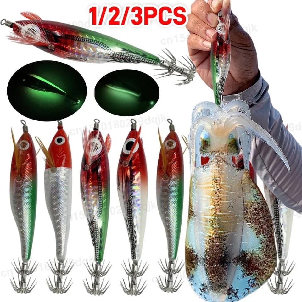 1-3PCS Laser Luminous Bait Wood Shrimps Squid Hook Jigs Float